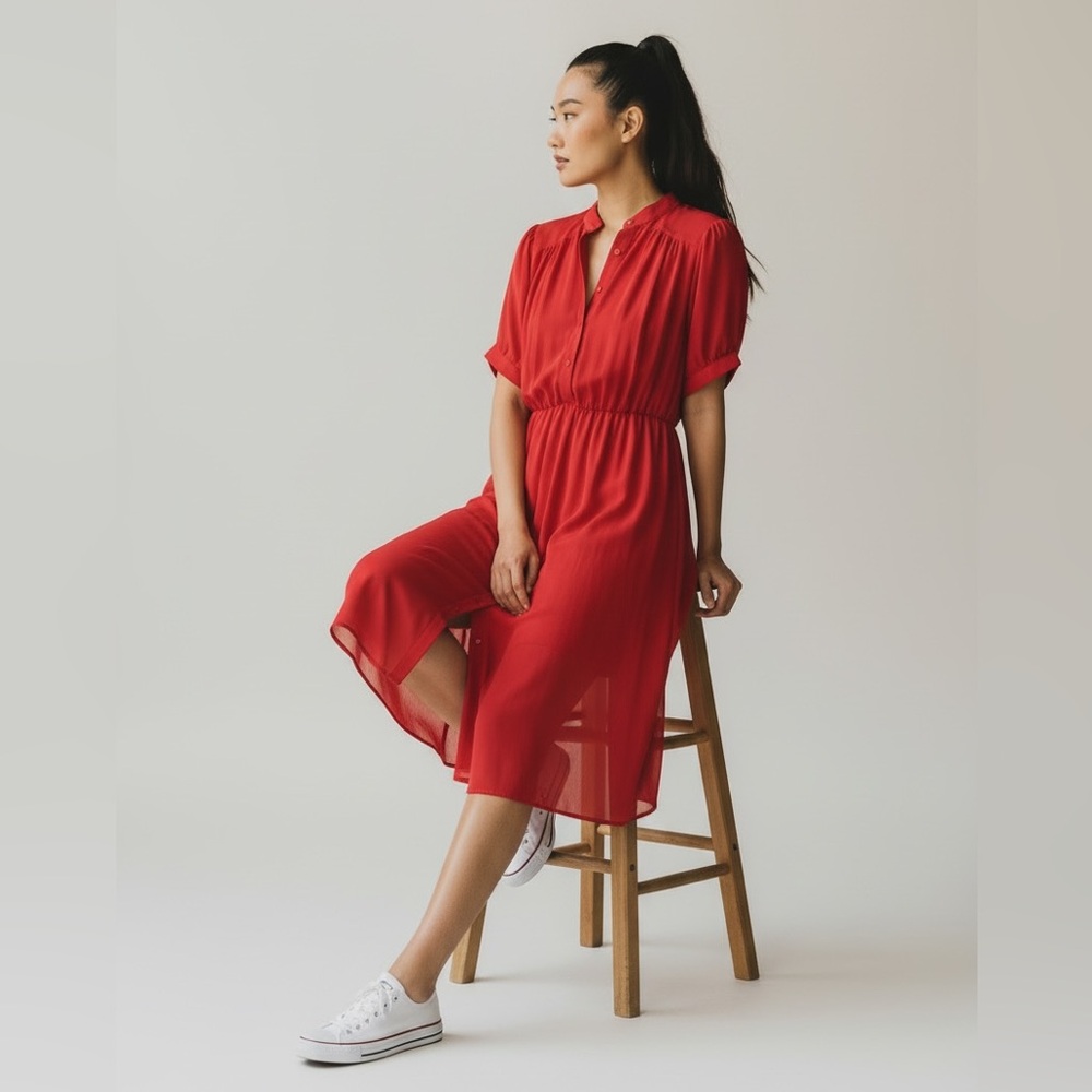 Vintage A-Line Midi Dress Size S Sheer Elastic Waist Solid Red Retro Feminine - Picture 1 of 11